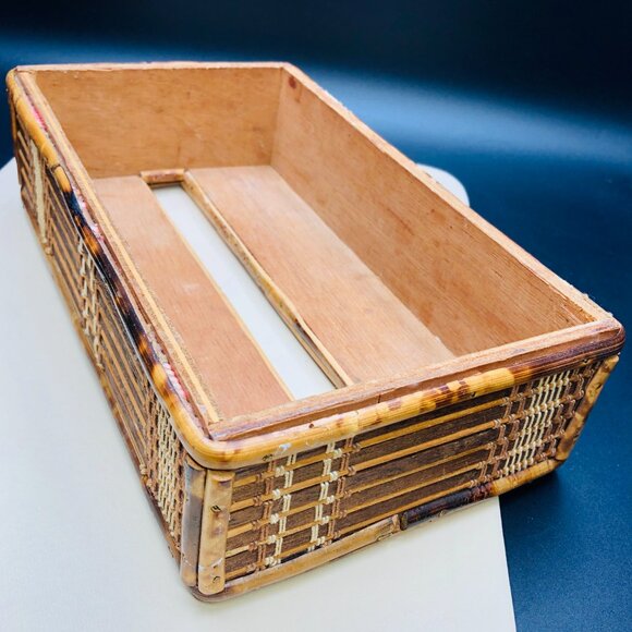 60s Burnt Tortoiseshell Bamboo Tissue Box Cover Midcentury Tiki Boho Bathroom - Picture 6 of 10